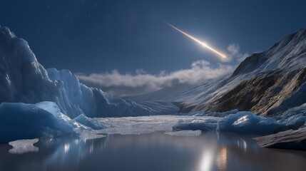 A polar landscape reacts to a comet strike, where the bright explosion reflects off glacial ice, drawing focus to climate phenomena and the energetic forces that shape Earth’s environments through