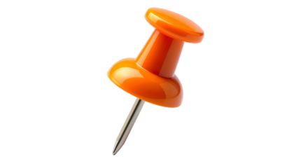 Close-up of a glossy, orange pushpin against a black background, angled