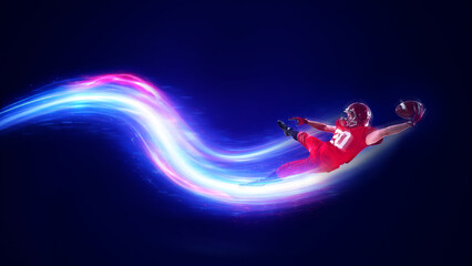 Dynamic artwork. American football player diving catch with glowing energy trail on dark background. Concept of explosive speed, victory emotion, sports advertising, digital design, action posters. © master1305
