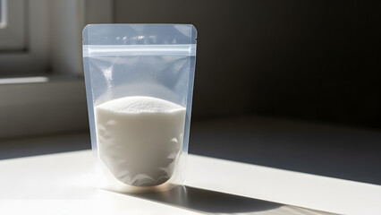 Close-up of a transparent pouch filled with white granular substance, set against a bright window sill. Contrasting shadows and light enhance the textures