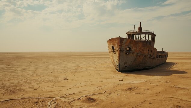 Old vessel lying submerged in a desolate dried-up sea, coastal preservation