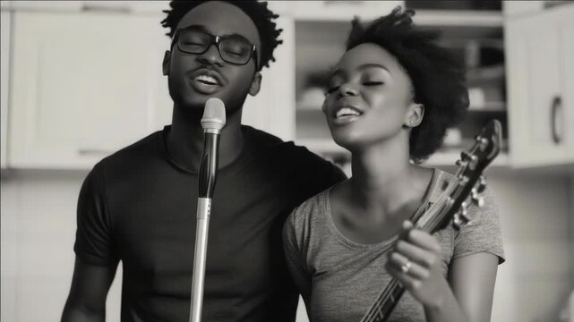 A male singer and a female violinist playing music together.