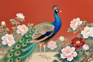 Fototapeta premium High-end traditional Chinese painting of a peacock among lush peony blossoms, elegant feather patterns in blue and green tones. Minimal red backdrop