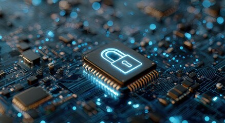 Glowing padlock icon over a circuit board, symbolizing data security and digital protection