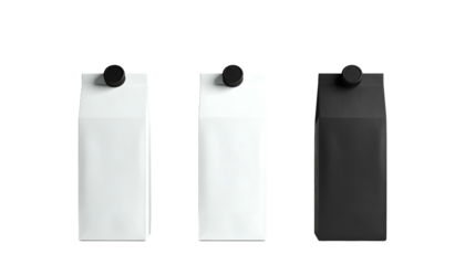 Three upright cardboard drink containers, white then white then black, all with black caps, on black