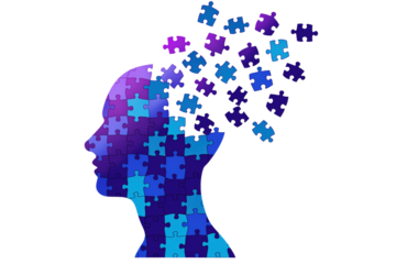 Human head profile made of blue and purple jigsaw puzzle. Concept of cognitive psychology, psychotherapy, personality disorder, brain problem, mental health. PNG isolated on transparent background.