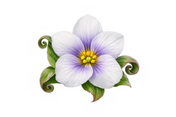 White and purple flower illustration with green leaves and curly tendrils, blooming botanical design on transparent background