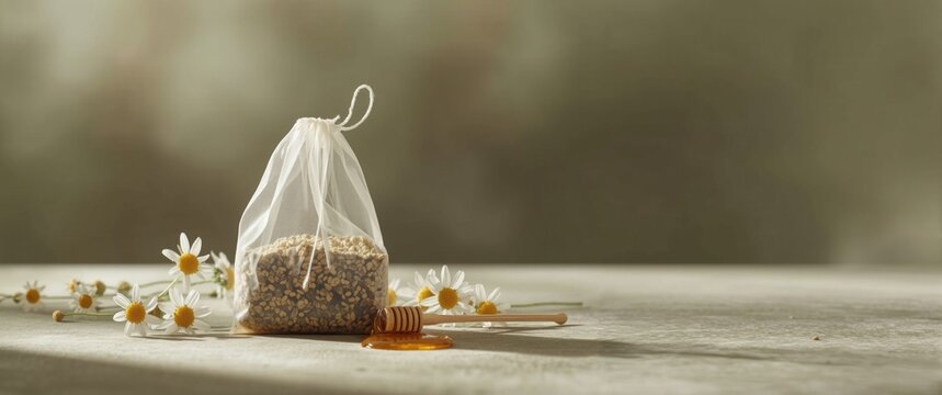 Close-up of a bag of chamomile tea, herbal immunity tea on a background, natural health remedy