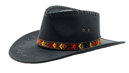 Black leather western hat with decorative band, isolated on black background