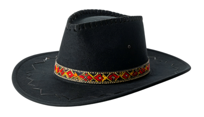 Black felt cowboy hat with decorative band and stitched brim, isolated on black