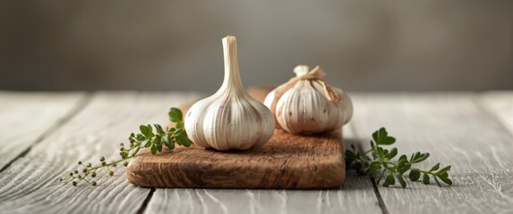 Garlic cloves placed on a wooden surface illuminated by soft side light