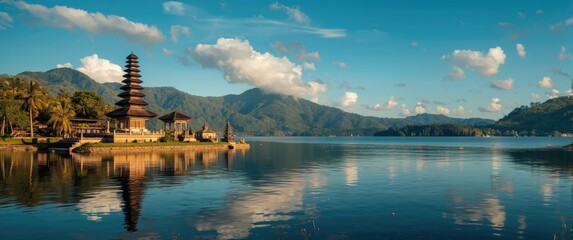 Beautiful Ulun Danu Temple on the shores of Lake Beratan in Bedugul, Bali, Indonesia under a bright blue sky © TheWaterMeloonProjec