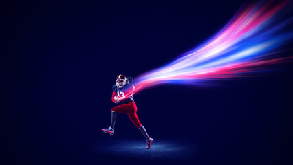 Graphic composition. American football player running with neon energy stream on dark background. Concept of determination emotion, speed, leadership, sports marketing, futuristic visuals.