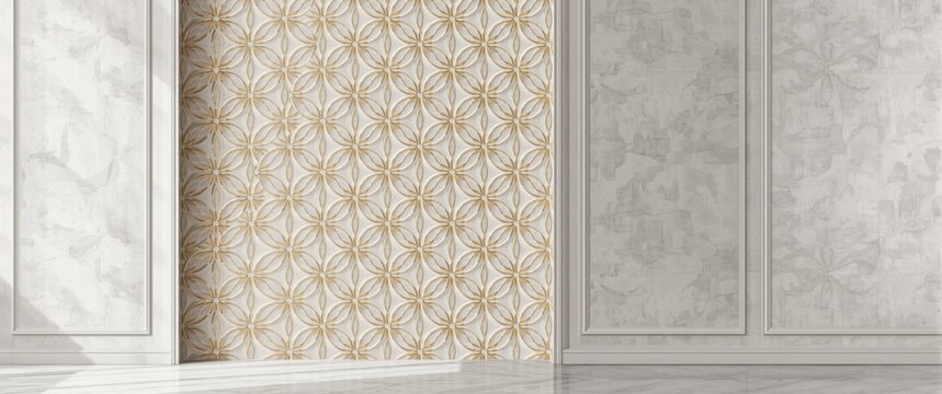 White geometric panel 3D Wallpaper with gold decorative scuffs, Flower of Life motif, realistic seamless texture
