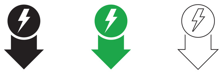 Low energy consumption icon. Minimal black and colour lightning arrow icon representing electricity, power flow, energy direction, and fast charging concept on white background.
