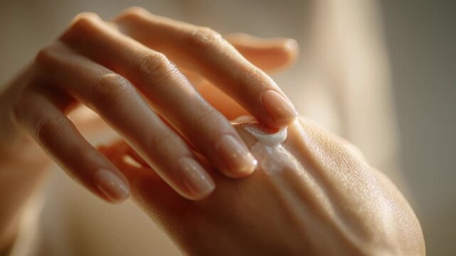 Macro motion of hands rubbing cream into skin with natural finger movements, slow texture shifts and warm sun highlights for a tactile feel.