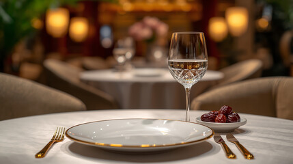Luxury Ramadan iftar table setting with empty plate and copy space for restaurant menu