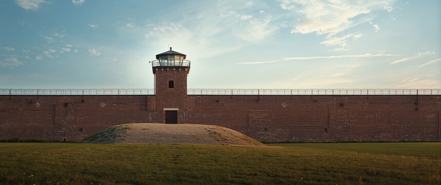 In front of the prison wall, there's a mound, and the sky is in the background
