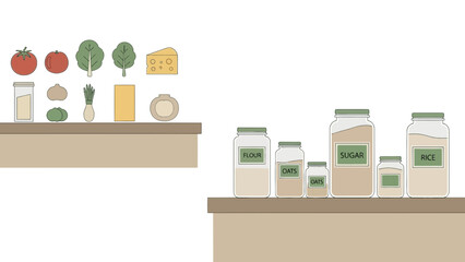 Organized Kitchen Pantry With Fresh Ingredients and Dry Goods For Cooking