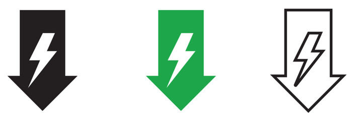Low energy consumption icon. Minimal black and colour lightning arrow icon representing electricity, power flow, energy direction, and fast charging concept on white background.

