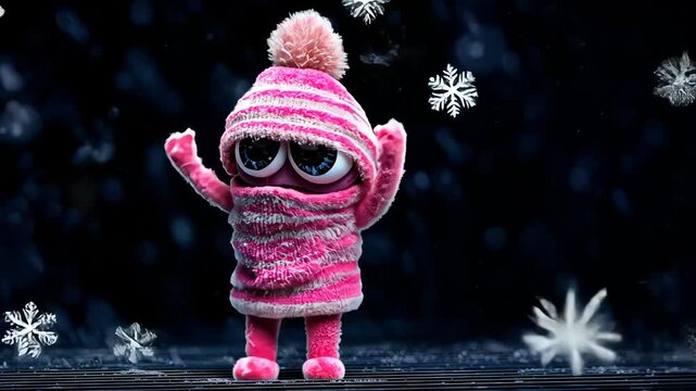 Cute Animated Winter Character in Cozy Outfit with Joyful Expression and Pink Pom Pom Hat Amidst Snowflakes in Colorful Festive Design