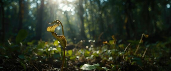 A fresh Nepenthes (pitcher plant) emerging in the peat swamp forest, highlighting nature's unique adaptation