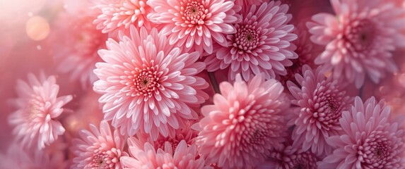Pink chrysanthemums in bloom on a blurred background, captured from above, showcasing beautiful soft pastel tones and natural wallpaper with a bright floral theme