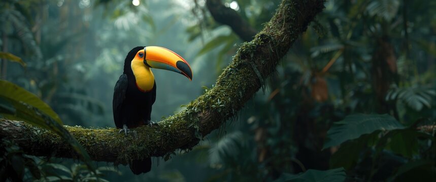 Ramphastos toco Toucan resting on tree branch within tropical jungle