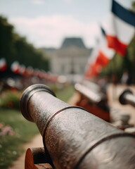 Historic cannon on display with French flags in background  