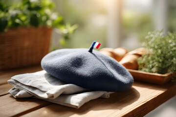 Blue beret on a wooden table with bread and herbs in sunlight  