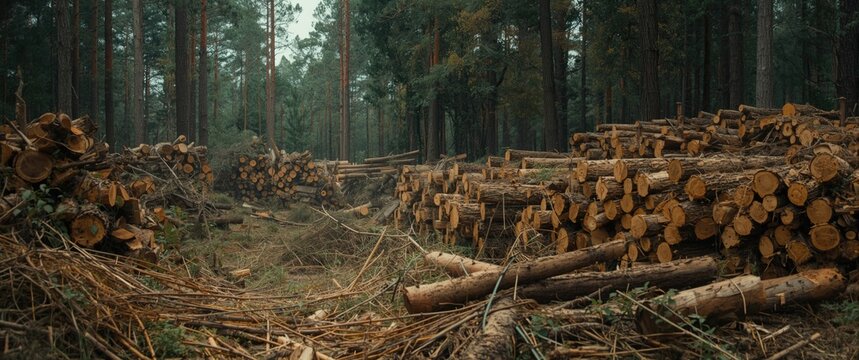 Forest destruction due to illegal logging: Tree cutting, timber logs, and ecological issues