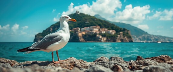Fototapeta premium Seagull perched against the backdrop of Palmaria island, Portovenere, Liguria, Italy