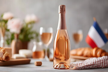 Mock up Bottle of ros&eacute; wine with croissants and glasses on festive table  