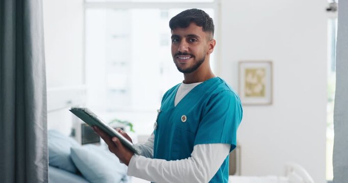 Face, happy man and nurse with tablet in clinic for email, medical review and about us. Hospital, healthcare worker and portrait of person with technology for schedule, icu report and research