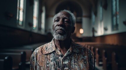 Fototapeta premium A contemplative elderly man stands in a serene church, reflecting on his life and spirituality.