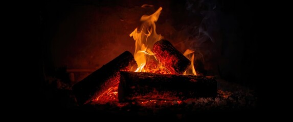 Close-up shot of firewood burning with bright red embers and ash in a dark fireplace