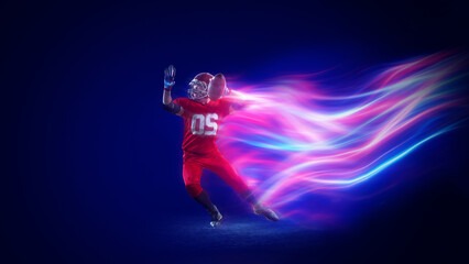 Expressive poster. American football quarterback throwing pass with neon energy motion. Concept of confidence emotion, leadership, strategy, sports branding, dynamic design. © master1305