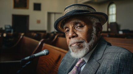 A dignified elderly man with a hat, sitting in a community setting, showcasing wisdom and experience with a thoughtful expression.