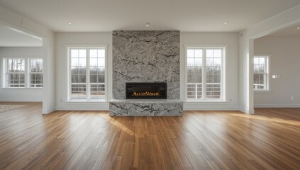 Naklejka premium Modern kitchen featuring a fireplace in a newly built home, suitable for editorial or UI backgrounds