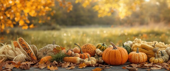 Fallen autumn leaves, husked corn, and vibrant gourds on the ground