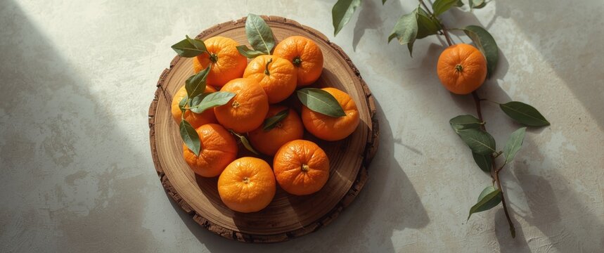 High angle photograph of ripe mandarines arranged on a wooden board on the table