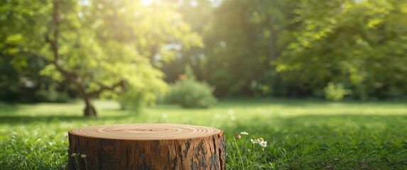 Rustic wooden stand or tree stump podium as authentic natural backdrop for product display; minimalist presentation space