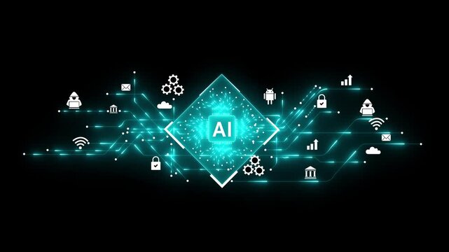 Artificial Intelligence processor unit. Powerful Quantum AI agents with icons transfers. Modern technology innovation showcasing AI chip and circuit design in vibrant colors 4k motion motion ...