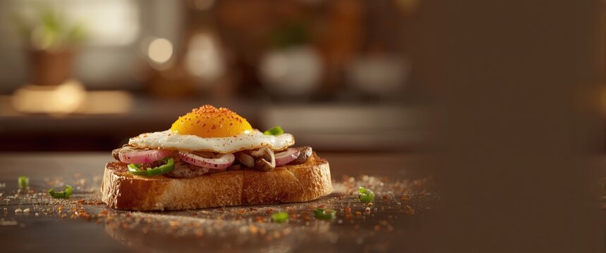 Uncommon snack of toasted bread topped with fried egg, mushroom, red onions, green pepper, and peppadew garnish