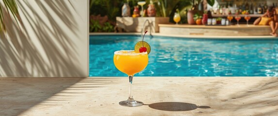 Swimming poolside mango margarita with drinks backdrop, Cool summer cocktails, Relaxing party beverages, Cocktail and mocktail selections