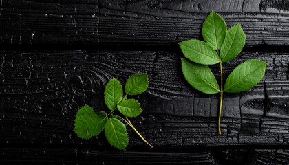 Green leaves on dark wooden background.