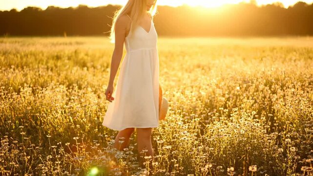 woman in white dress walk through field of flower at sunset. sunlight warms grass and wild bloom. hat held near side creates soft silhouette. summer meadow offers calm movement. warm golden glow.