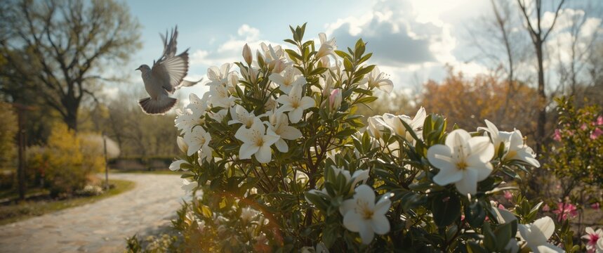 Plunged into the white azalea blossoms