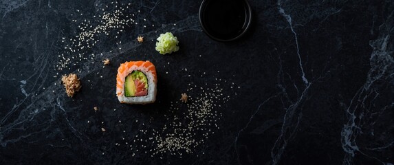 Sushi presented in black marble style