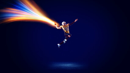 Explosive artwork. American football player flying jump catch with blazing energy trail on dark background. Concept of triumph emotion, peak performance, sports advertising, and dynamic branding.